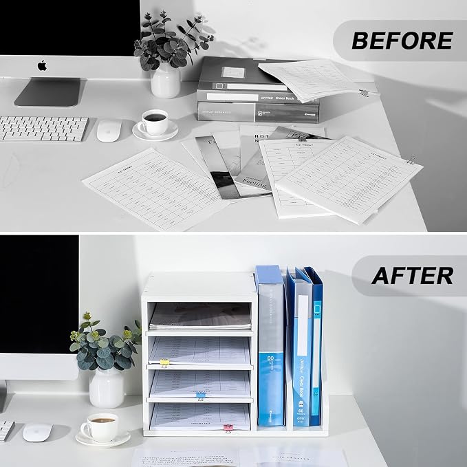 PAG Wood Desktop File Holder Organizer Mail Sorter, White, 15.35" W x 12.16" D x 11.81" H