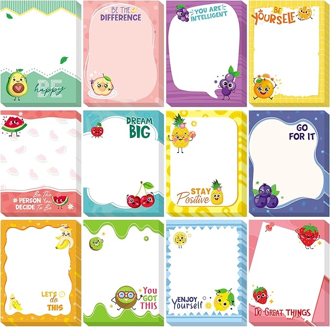 12 Pcs Fun Inspirational Sticky Notes 3 x 4 Inch Motivational Fruit Notepads Cute Post Positive Appreciation Sticky Notes Positive Gifts for Office Nurse Coworkers Supplies