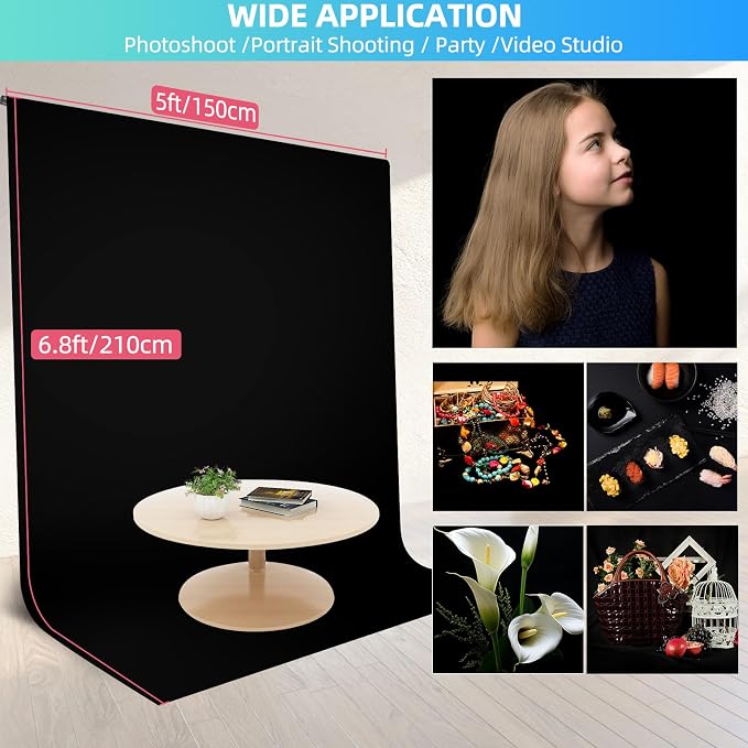 Black Backdrop Background with Stand for Photoshoot, 5x6.5ft Black Photo Backdrop Curtain Cloth with Background Support Stand, 5 Spring Clamps& Carrying Bag for Party Photography Video Studio