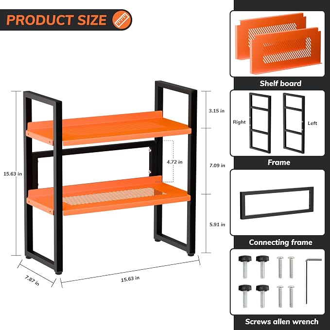 Brakki Desk Shelf Organizer, 2-Tier Desktop Bookshelf, Small Office Shelf | Adjustable Shelf, Metal Desktop Rack for Dorm, with Foot Mat, Multi-Functional Organization, Black and Orange