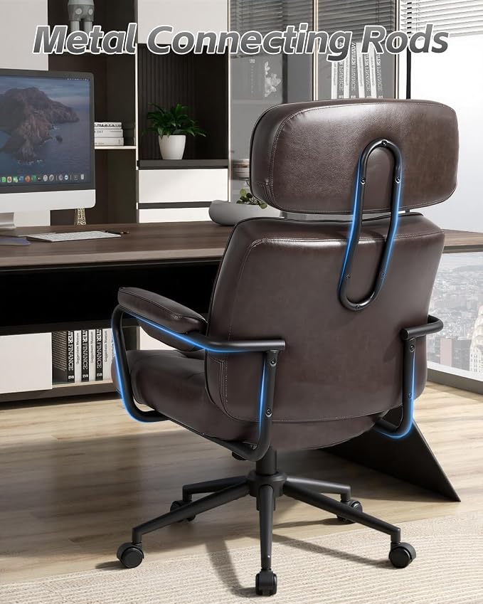 Mid Century Modern Home Office Desk Chair, Ergonomic Office Chair Big and Tall, High Back Executive Office Chair Leather Extra Wide, Computer Chair Comfy, Adjustable Height Rolling Chair,Chocolate 3PC