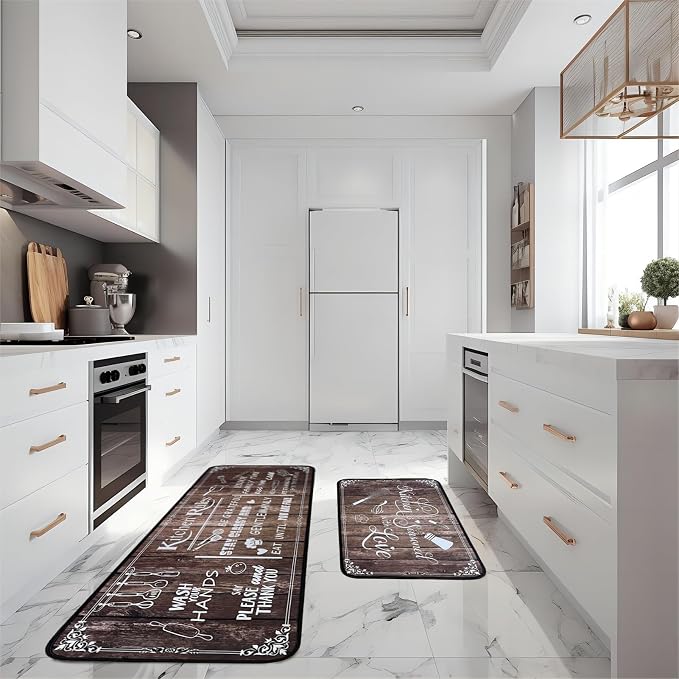 Kitchen Rug Sets of 2 Piece Non Slip Kitchen Rugs and Mats Washable Kitchen Mats for Floor Kitchen Carpet Runner Rugs Decor for Laundry Bathroom Living Room,Brown Kitchen Rules 20"x 59"+20"x 32"