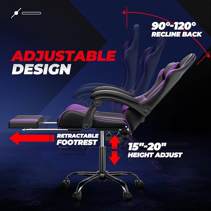 Auto Dynasty Ergonomic Gaming Chair, High-Back Office Chair w/Adjustable Lumbar Support, Linkage Armrest, Headrest & Footrest, 350LBS Recliner Swivel Computer Game Racing Chair, Purple/Black