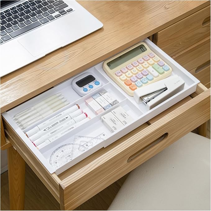 Expandable Shallow Drawer Organizer 1" 11-18" Adjustable White Storage Bin | Expandable 11-18" Shallow 1" PET Drawer Organizer|White Tray|Office Kitchen Bathroom|Dual-Slot Design|Fits Slim Drawers