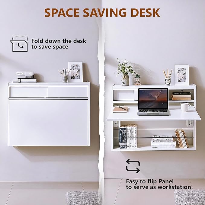 Wall Mounted Desk 31 inches, Folding Table with Shelves, Space Saving Computer Table, Floating Table for Wall, Multi-Purpose Folding Desk Perfect for Workstations, Dining, or Laundry Area.