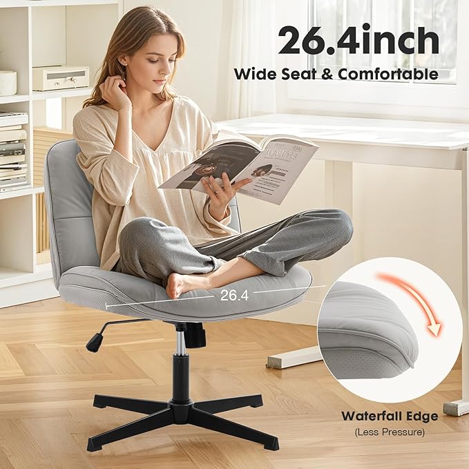 Sweetcrispy Armless-Office Desk Chair Without Wheels, Cross Legged Wide Chair, PU Leather Comfortable Adjustable Swivel Computer Task Chairs for Home,Office,Make Up,Small Space,Bed Room Grey
