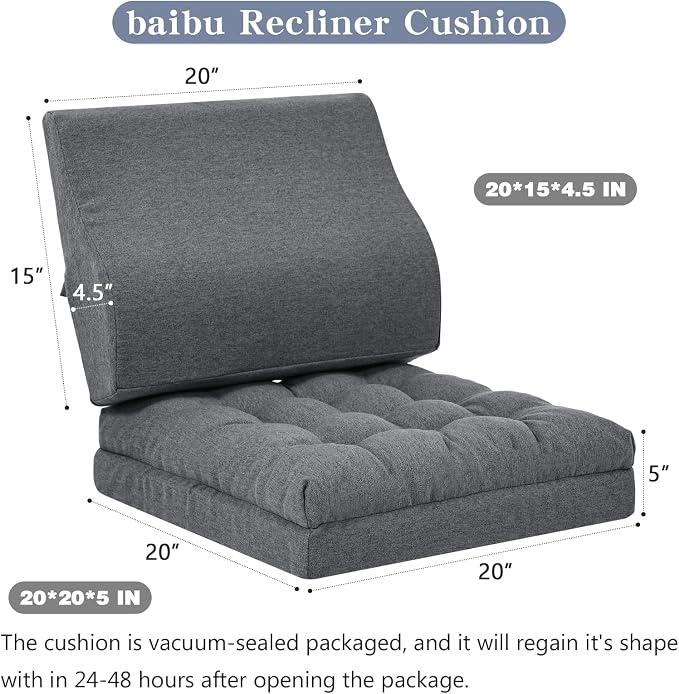 baibu Large Memory Foam Recliner Cushions with Lumbar Support Pillow for Elderly, 20x20x5 Inch Thick Dual-Layer Patent Design Non-Slip Recliner Seat Cushion for Reduce Hip & Lumbar Pain, Dark Grey