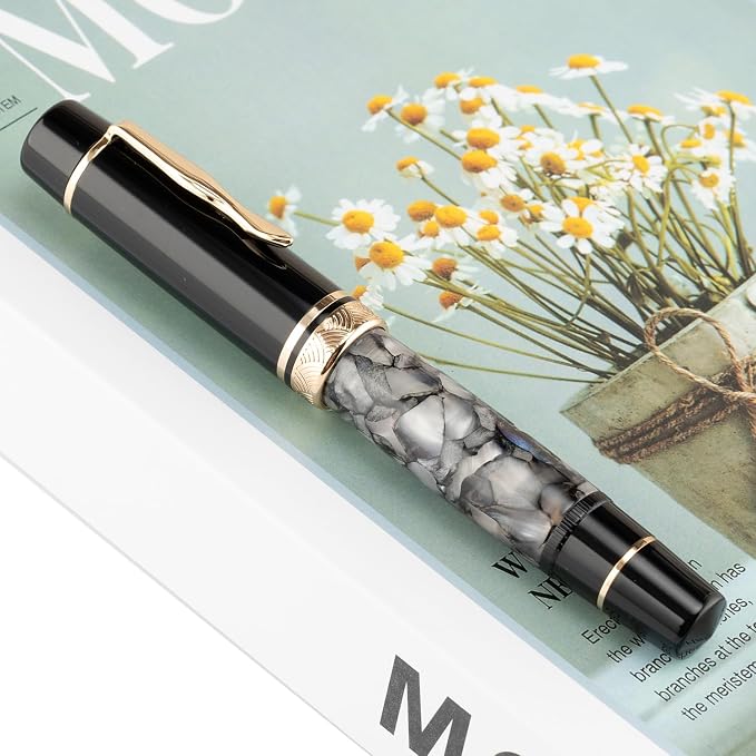 erofa Majohn P139 Piston Fountain Pen No.8 Medium Nib with Box, Gray Marble Acrylic Large Capacity Writing Pen