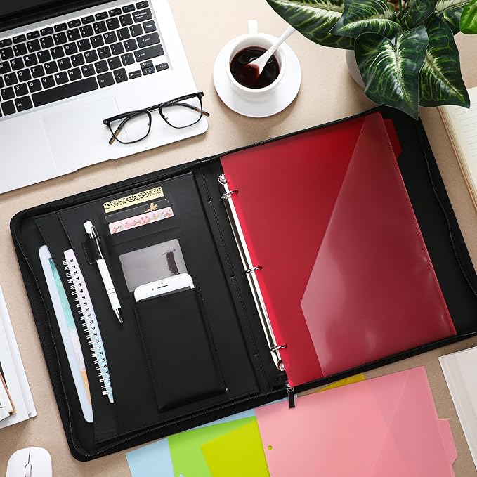 Gilprop Portfolio with 3 Ring Binder, Binder Padfolio with Zipper for Women Men, Leather Business Folder Organizer, 5 Folder Divider Pages for Tablet Resume Documents Business Cards(Black)