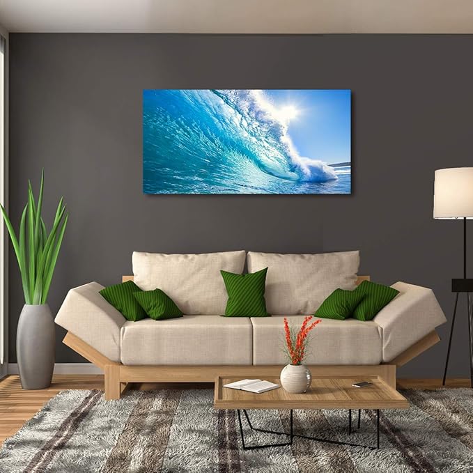 Blue Secape Canvas Prints Wall Art Blue Ocean Wave Surfing Sea Picture Paintings on Canvas Modern Canvas Art for Living Room Bedroom Office Wall Decorations Ready to Hang-24x48inches
