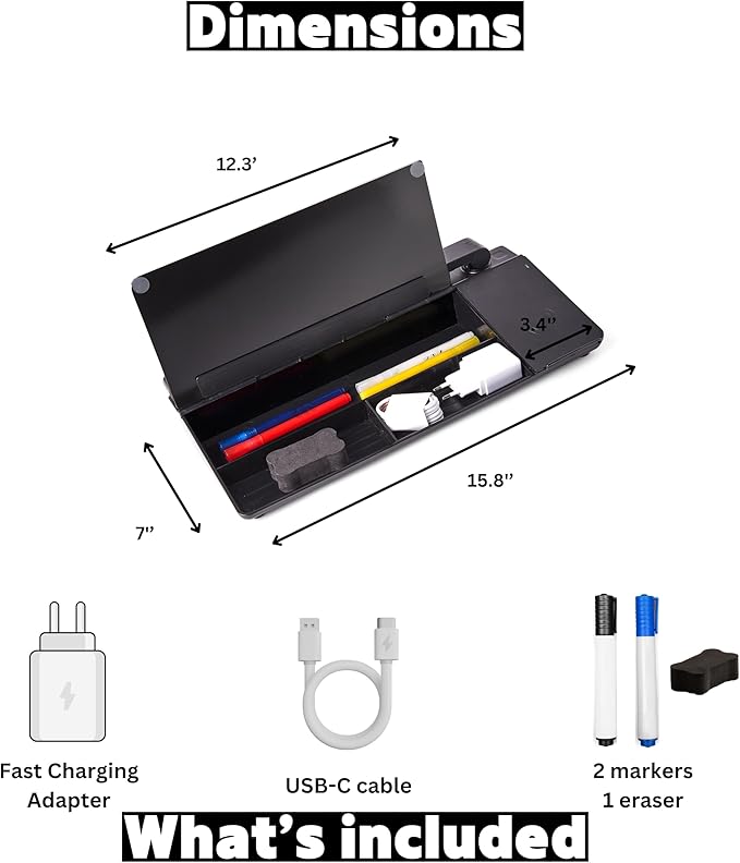GAROOD Desktop Dry Erase Board with Storage Wireless Charger LED Lamp (Black) Desk White Board Desk Board Glass Desktop White Board with Stand Home Office Organizer Phone Holder 15.8X7X2 inches