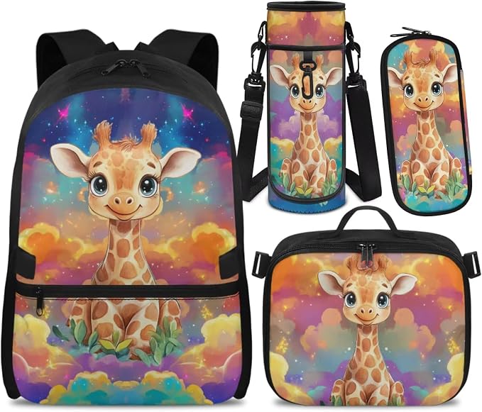 Doojoayie Trendy Girls School Bag 17 inch Deer Backpack 1st Grade Backpack for Girls with Lunch Box Cute Bookbag for Boys Heavy Duty Kids Back Pack Best Presents for Primary Student