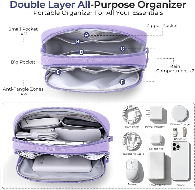 Skycase Travel Cable Organizer - Lightweight Water Resistant Dual-Layer Tech Pouch with Wrist Strap 9 Compartments Electronic Organizer Travel Case for Charger Cord Hard Drive,Small,Purple