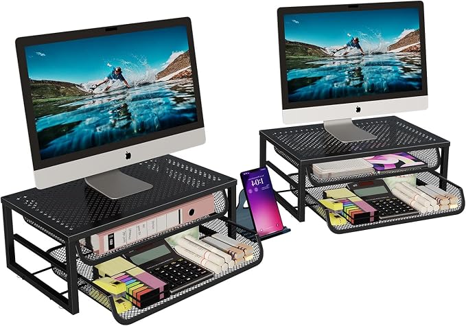 Ekisemio 2-Pack 2-Tier Monitor Stand Riser with Drawer, Metal Computer Desk Organizer for Home Office, Black