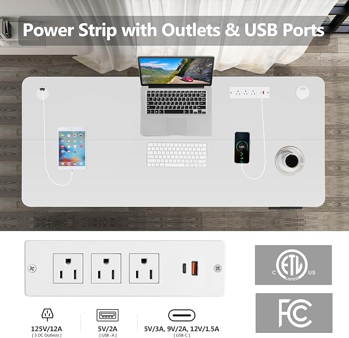 farexon 48 x 24 inch Standing Desk Electric Adjustable Height with Charging Station,USB Outlets, Stand up Desk with Wheels, Preset Heights Home Office Gaming Computer Workstations Table(White)