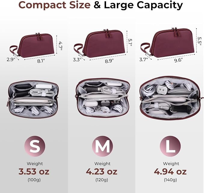 FYY Travel Cable Organizer - 8 Compartments Lightweight Water Resistant Tech Pouch with Wrist Strap, Portable Electronic Accessories Case for Cord Charger Storage for Travel Office Wine Red (Large)
