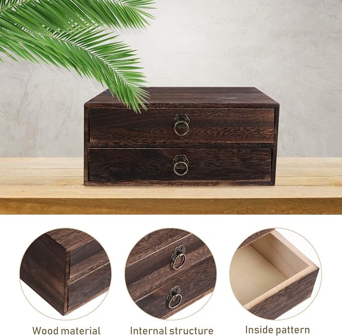 Cabilock Wooden Desktop Drawer Organizer Vintage Wood Box with Drawer Retro Desk Storage Box with Pull Ring for Office Supplies Home Desk Accessories 10.03 X 9.64 X 4.33 in