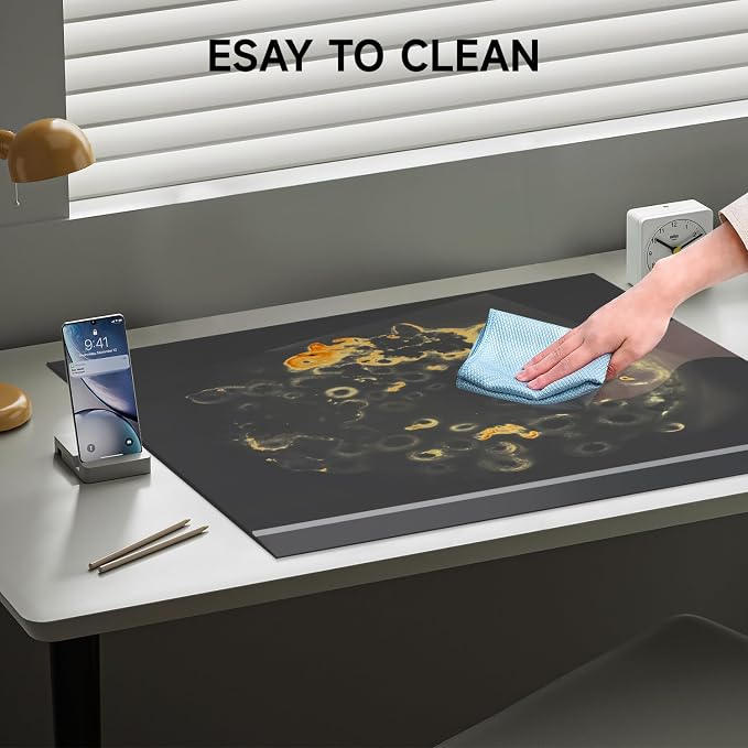 VASUHOME 32" x 20" Black Tempered Glass Desk Mat with Beveled Edge - Ergonomic Desk Protector, Dry Erase Surface, Ideal Table Top Protector for Home & Office