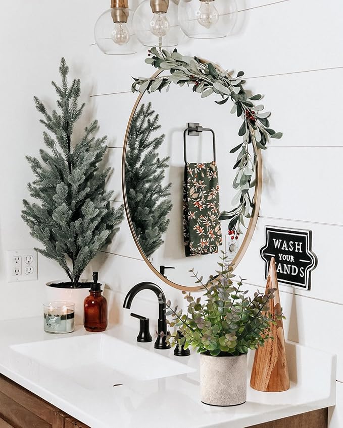 2 Pack Small Fake Plants Christmas Greenery Eucalyptus Potted Artificial Plants for Shelf Desk Home Bathroom Farmhouse Room Coffee Table Decor Christmas Decor(Purple)