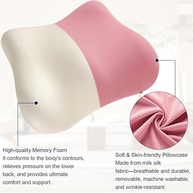 Pink Lumbar Support Pillow for Office Chair and Car Seat Soft Memory Foam Lumbar Pillow with Breathable Removable Cover Lower Back Pain Relief & Posture Support