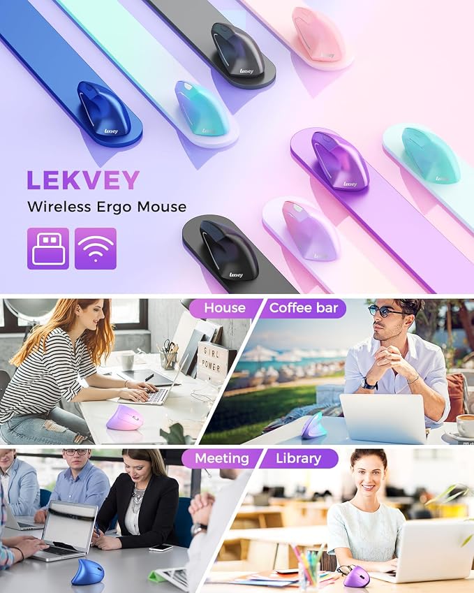 Lekvey Ergonomic Mouse, Wireless Vertical Mouse Rechargeable 2.4 GHz Optical Carpal Tunnel Mice : 800/1200 / 1600 DPI, 6 Buttons, for Laptop, PC, Mac, Computer, Desktop, Notebook etc, Purple