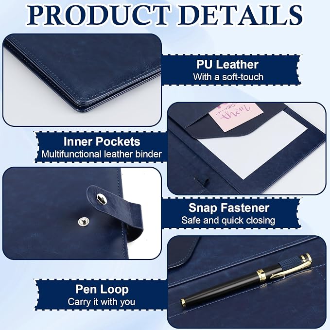 SHIQIKEJIPTY 3Pack Legal Size Portfolio Padfolio PU Leather with 8.5 x 14 inch Tearable Legal Pad Holder 150 Sheets Leather Portfolio Folder Binder for Interview Attorneys Business Blue