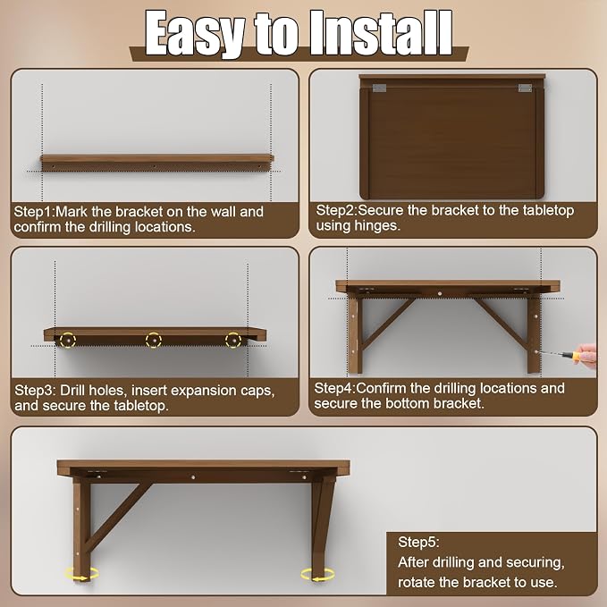 MM MELISEN Wall Mount Folding Table - 37x22 Inch, Walnut Versatile Table for Kitchen prep or Craft Studio. Solid Wood Surface Folds Flat. Perfect for Meal prep and Creative Projects