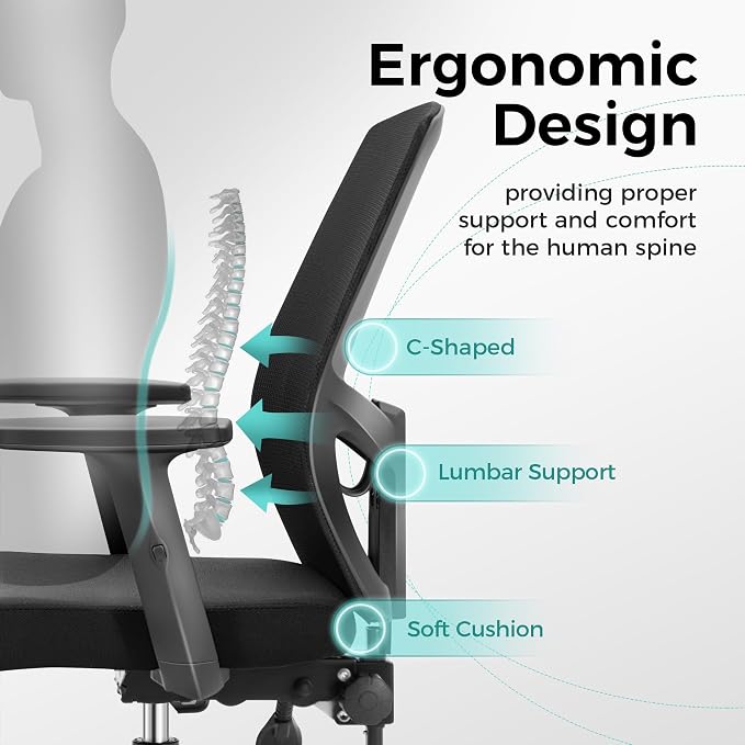 ALPHA HOME Office Chair Ergonomic, Mid Back Mesh Computer Chair, Black | Mid Back Desk Chair with Lumbar Support Executive Stool with Adjustable Armrest & Seat Cushion, BIFMA & SGS Certified