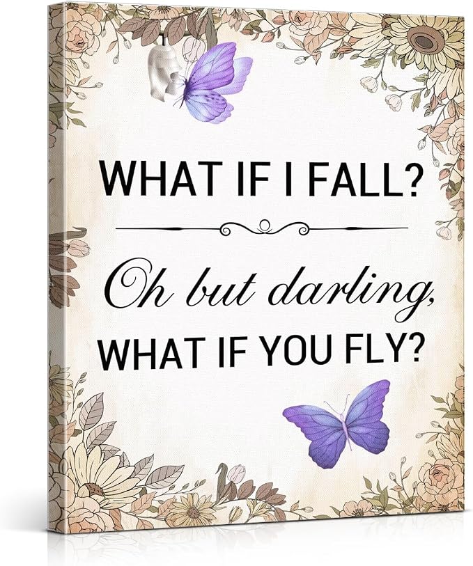 Inspirational Purple Butterfly Wall Art Decor, What If You Fly Motivational Quote Canvas Painting Artwork Picture Posters for Teens Room Bedroom Office (11.5 X 15 Inches, Framed)
