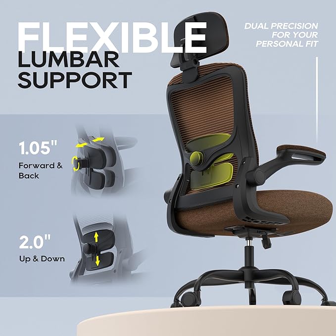 Ergonomic Office Chair, High Back Mesh Desk Chair with Adjustable Lumbar Support & Headrest, Flip-up Armrest, Computer Task Chairs for Home and Executive Office (B-Brown)