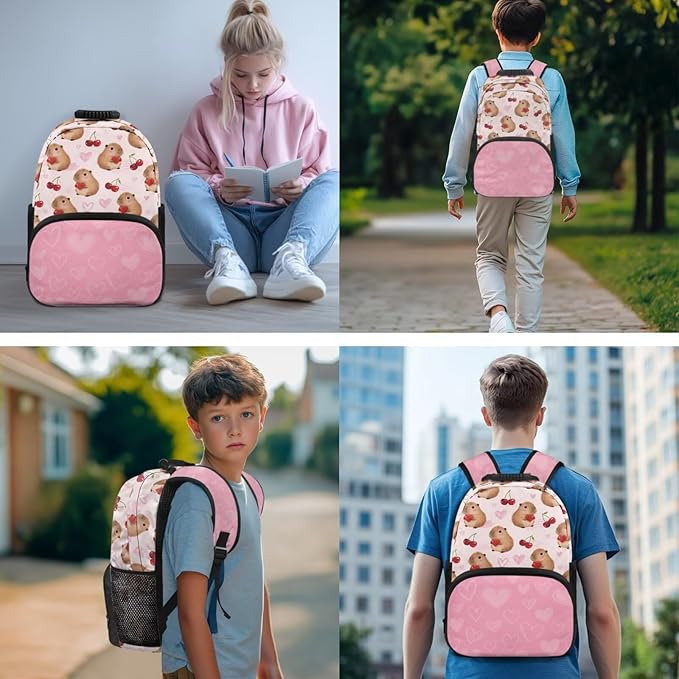 Capybara Cherry Backpack for Teen Girls Primary School Bookbags 3 Piece Set Back to School Supplies Kids Schoolbags with Lunch Bag and Pencil Box