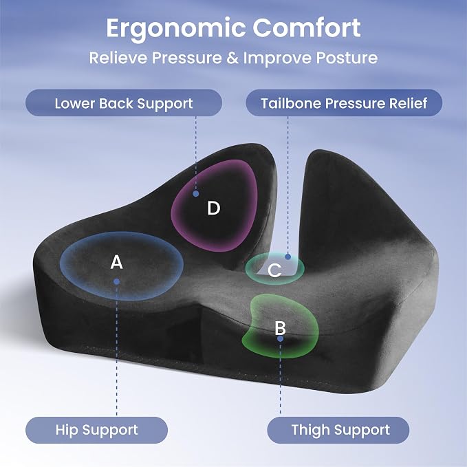 Alcedo Seat Cushion for Office Chair, Ergonomic Memory Foam Seat Cushion for Car Seat, Tailbone Pain Relief Cushion for Long Sitting, Non-Slip, Breathable & Washable Cover
