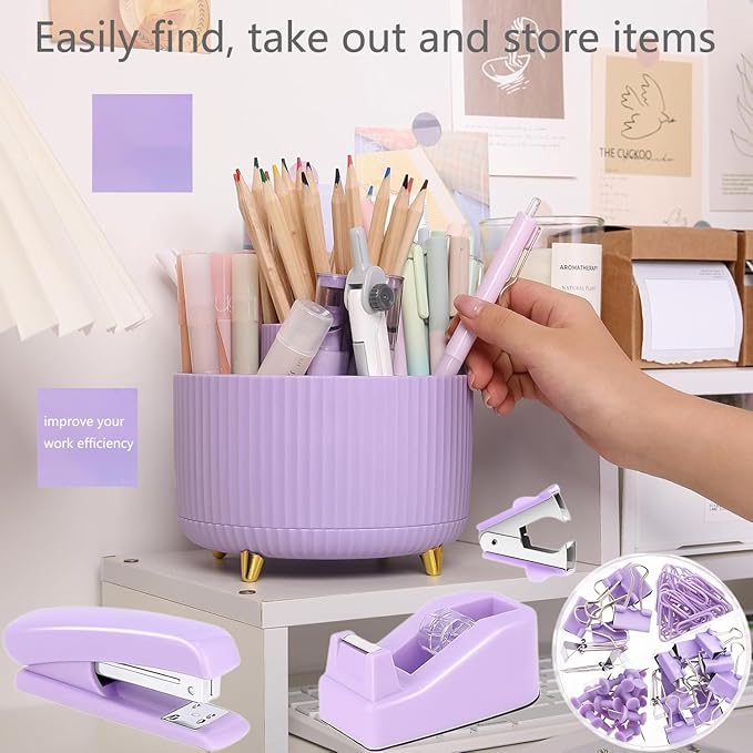Office Supplies,Purple Desk Accessories,Desk Organizer,Phone Stand,Scissors,Stapler,Tape Dispenser,Binder clips,Staples,staple remover,Sticky Notes,Index Tabs,Clear Tape,Mini Box Cutter,Cool Pen.16pcs