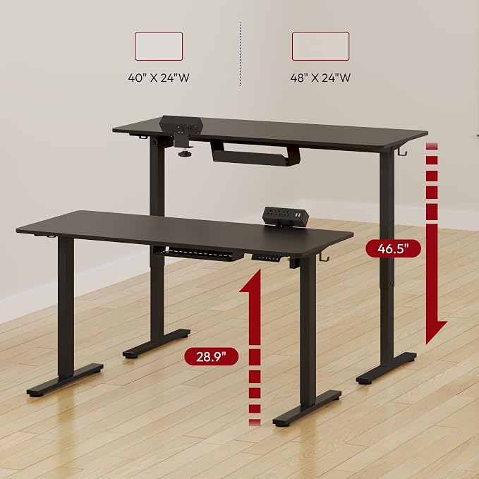 SANODESK Electric Standing Desk with Desk Clamp Power Strip 48"x 24" Whole-Piece Desktop Height Adjustable Stand Up Desk with Cable Management Sit Stand Home Office Desk Black Frame/Black Top