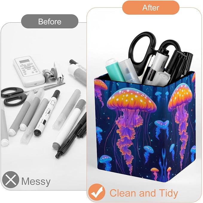Jellyfish Print Leather Square Pen Holder Modern Desk Decor Home Organizer For Make Up Brushes Supplies Office Stationery Storage