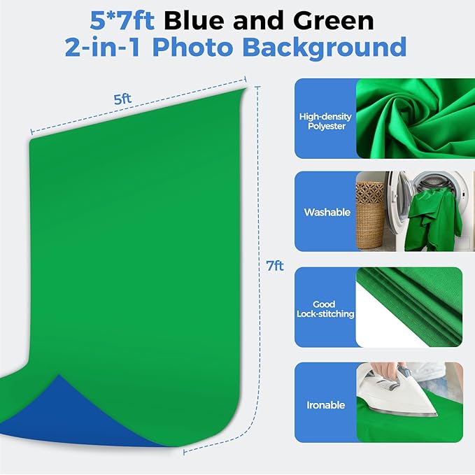 EMART Blue Green Screen Backdrop Kit with Reverse Folding Base, 5x6.5ft Portable T-Shape Backdrop Stand with 2-Sided Reversible Background for Photography, Zoom, Streaming and Studio Video Recording
