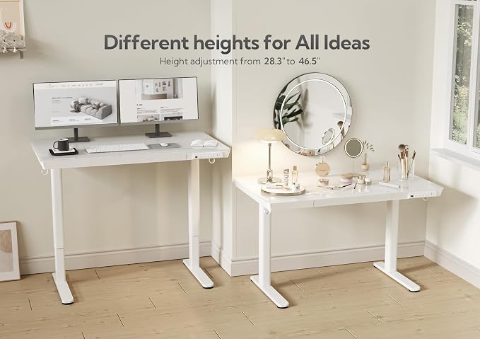 Claiks Glass Standing Desk with Drawers & USB Ports 55x24 Inch, White | 3 Steps Quick Install, 2 Zones Drawer, USB Ports, Ultra White One-Piece Glass Top, Writable Top