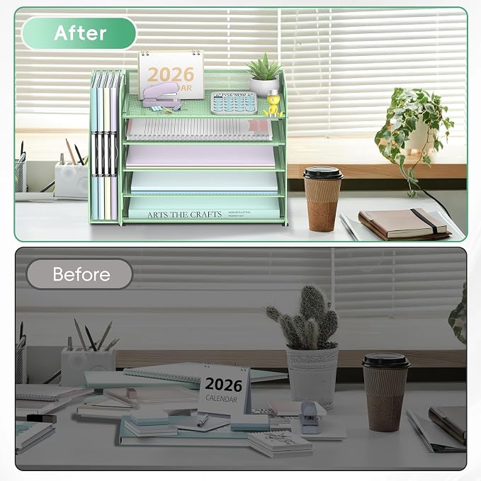 5-Tier Desk Organizer with File Holder, Paper Organizer, Mint Green | 5 Letter Trays and Vertical File Holder with Metal Mesh Frame for Papers Folders Books and Mail in Office Home or School