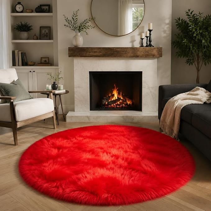 EasyJoy Ultra Soft Faux Fur Rug Fluffy Sheepskin Rug for Bedroom Living Room Sofa Bedside Floor(4 x 4 ft Round, Red)