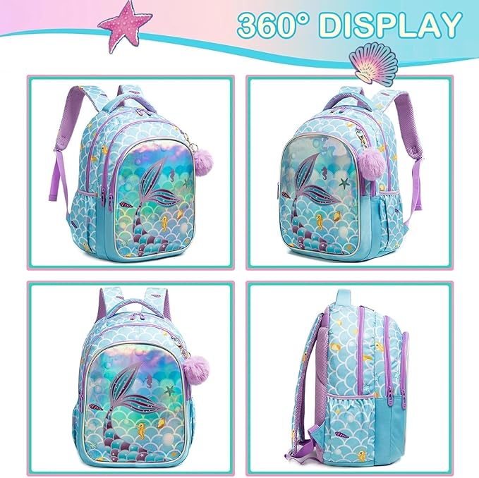 Kids Backpacks for Girls Mermaid School Bag with Lunch Box Lightweight Travel Backpack for Kids 3 in 1 Bookbag Back to School Supplies (12803-3)