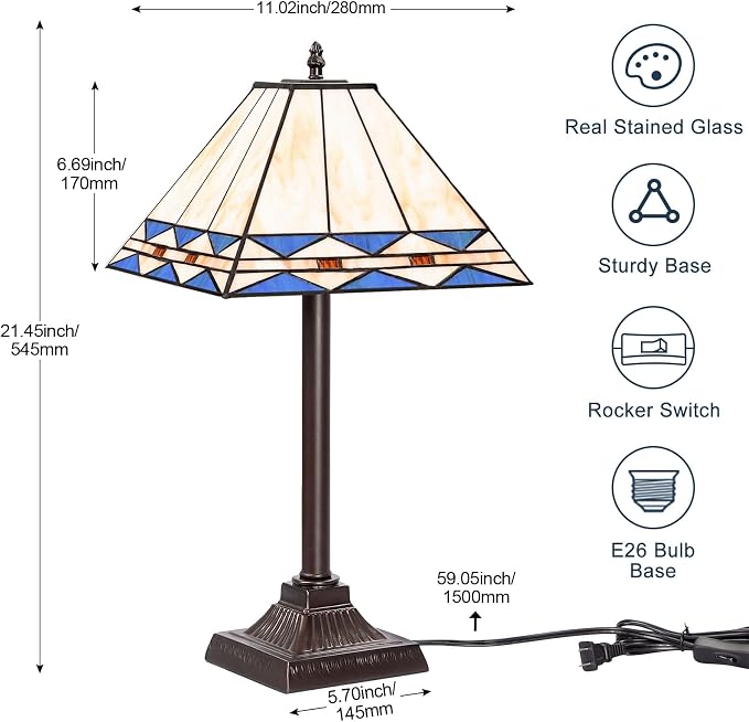 Square Stained Glass Table Lamp, Vintage Style Desk Lamp, Mid Century Modern Bedside Nightstand Lamps with Rocker Switch, Unique Decorative Accent Light for Bedroom Living Room Office (E26 Base)