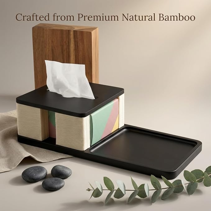 Bamboo Tissue Box Cover Rectangle with Tray, Nightstand & Desk Organizer | Decorative tissue box holder & tissue holder for bedside table; 12.5cm wide opening for easy refills; water-resistant bamboo