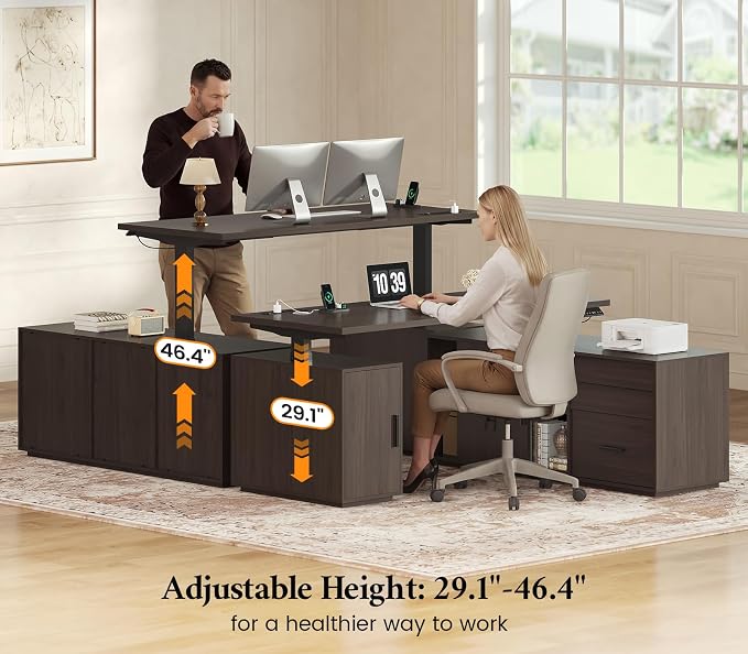 L Shaped Electric Standing Desk with 3 Drawers and Power Outlet, 55.1" x 47.2" Height Adjustable Home Office Executive Desk with File Cabinet and Storage Shelves, Modern Large Business Computer Table