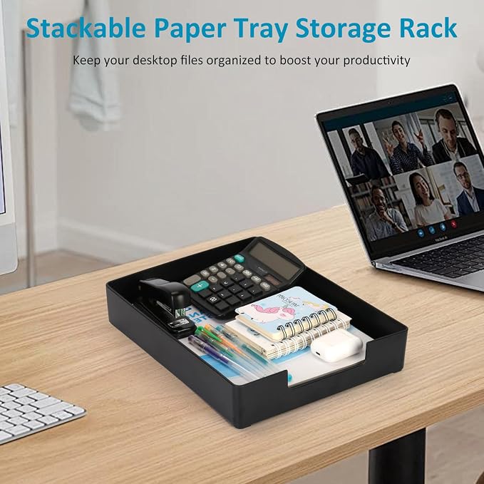 Letter Tray, Desk Organizer Tray, A4 Plastic Paper Tray Organizer for Desk, Stackable Rectangular Inbox Mail File Holder, Drawer Organizer for Desk Accessories Office School Home Supplies (Black)