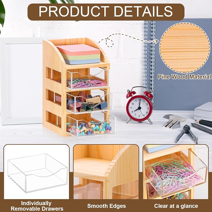 3 Drawer Desktop Accessory Storage Acrylic Sticky Note Holder with Drawers Clear Post it Note Holder Wood Paper Clip Organizer Push Pin Holder Desk Organizer Small Space 4.53"L x 4.1"W x 7.7"H