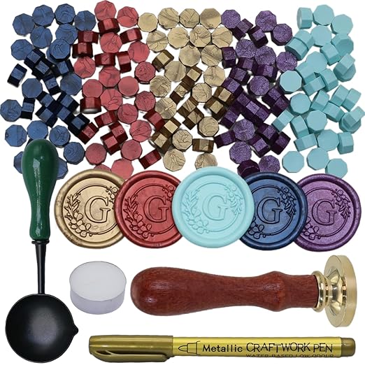 Initial Alphabet Wax Seal Stamp Set, Retro Letter G Sealing Stamp with 150Pcs Sealing Wax Beads in 5 Color, Melt Non Stick Spoon Pen Kit for Wedding and Christmas (G)