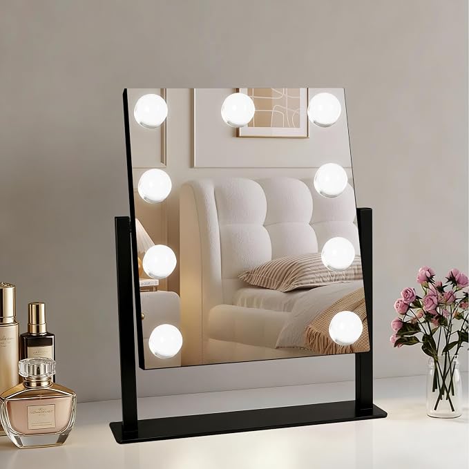Moonee Vanity Mirror with Lights, Black Hollywood Lighted Makeup Mirror with 9 Dimmable Bulbs and 10X Magnification 360°Rotation, 3 Colors Modes, Light Up Mirror for Tabletop（12" x 14"）