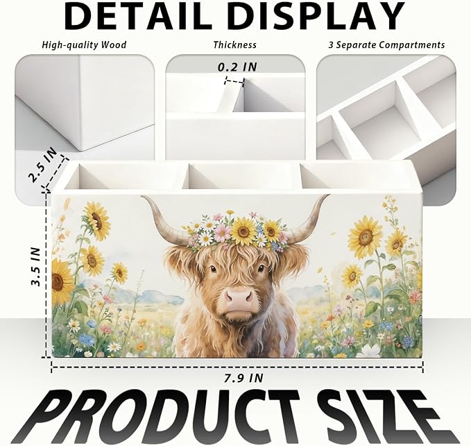 Highland Cow Floral Pen Pencil Holder for Desk, Highland Cow Gifts, Western Office Decor, Rustic Western Cattle Farm Animal Wooden Box Sign Decorations for Home Office Desk Tabletop