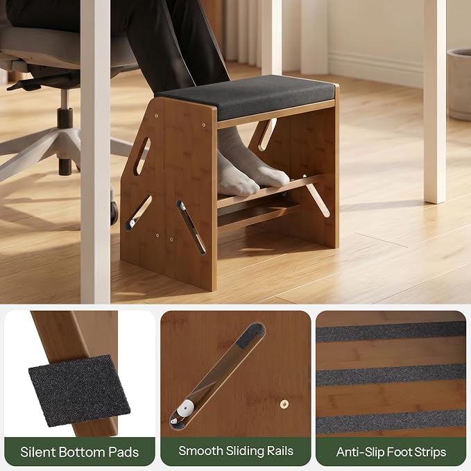 CHOEZON Adjustable Foot Rest Under Desk, Wooden Footrest with Cushion and Non-Slip Design, 2-Layer Sliding Office Foot Stool with Ergonomic Design for Posture Support, Home Office, Wenge Brown MJD01MA