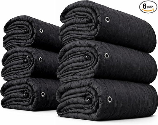 US Cargo Control 80" x 72" Large Sound Dampening Blankets with Grommets (6-Pack), Light Blocking Acoustic Blankets for Wall Hanging and Studios, Machine Washable, 9 LBS